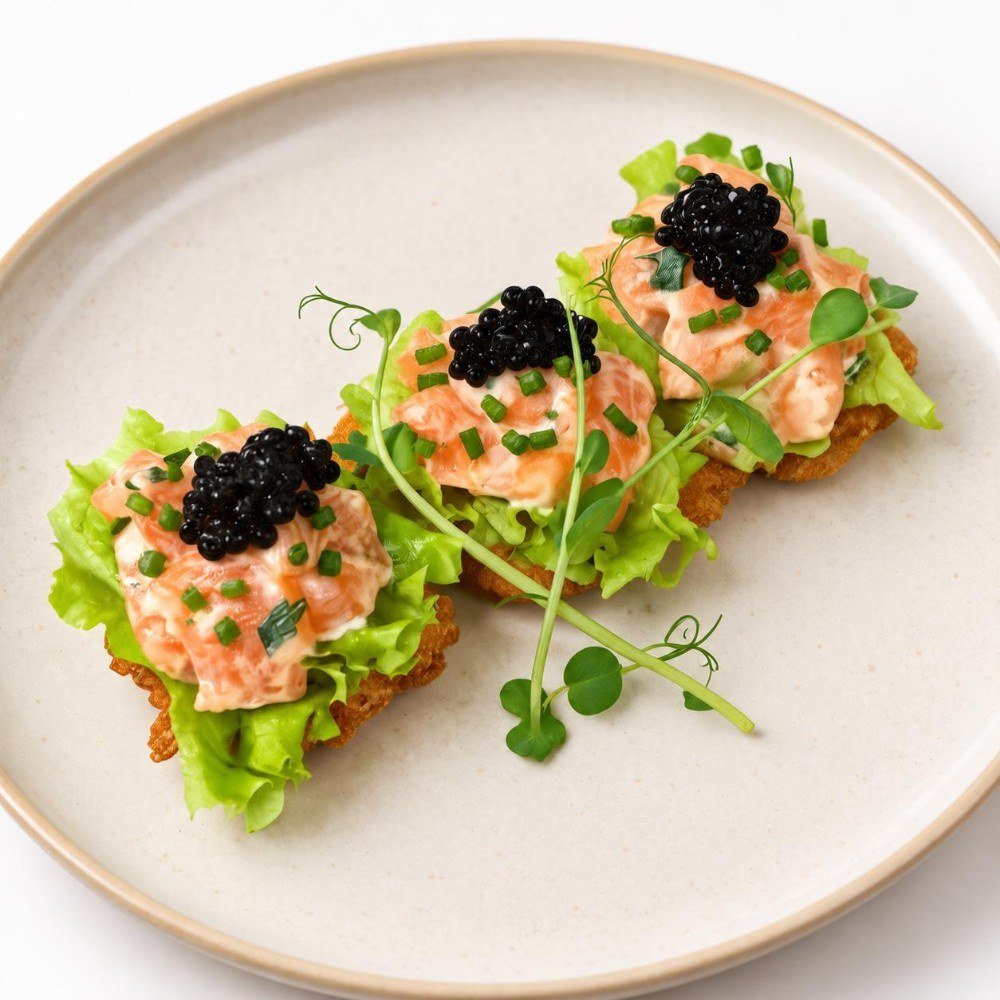 Bouchée riz croustillant tartare de saumon et œuf de harengs