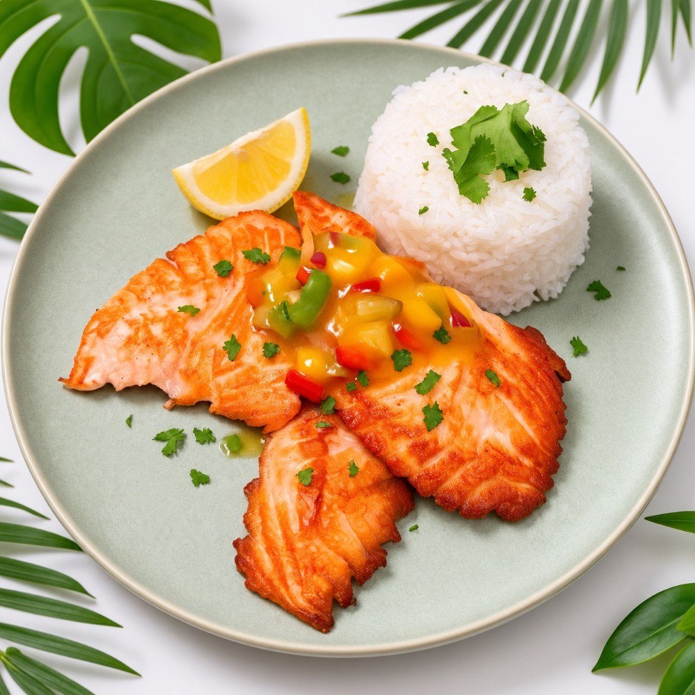 Saumon grillé et riz blanc, sauce exotique